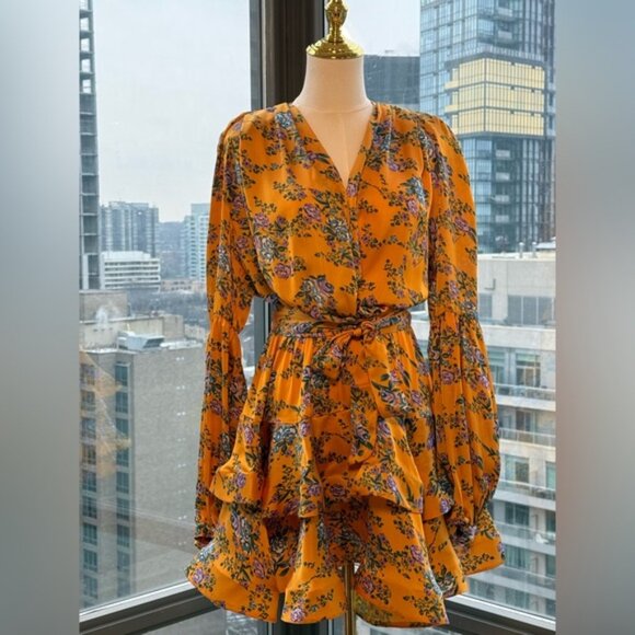 🆕 BRONX & BANCO 🧿NWOT Hanna Floral Tiered Ruffle Mini Dress, Marigold Sz M US6 - Picture 8 of 12